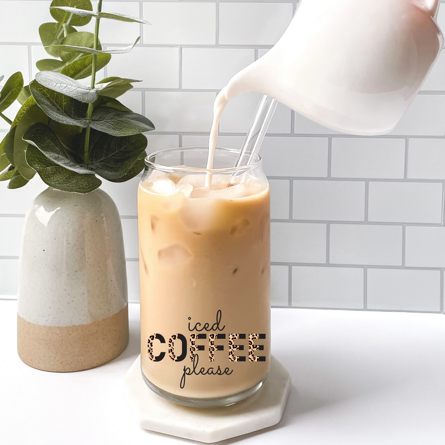 Glass Can (Coffee) with Bamboo Lid & Straw