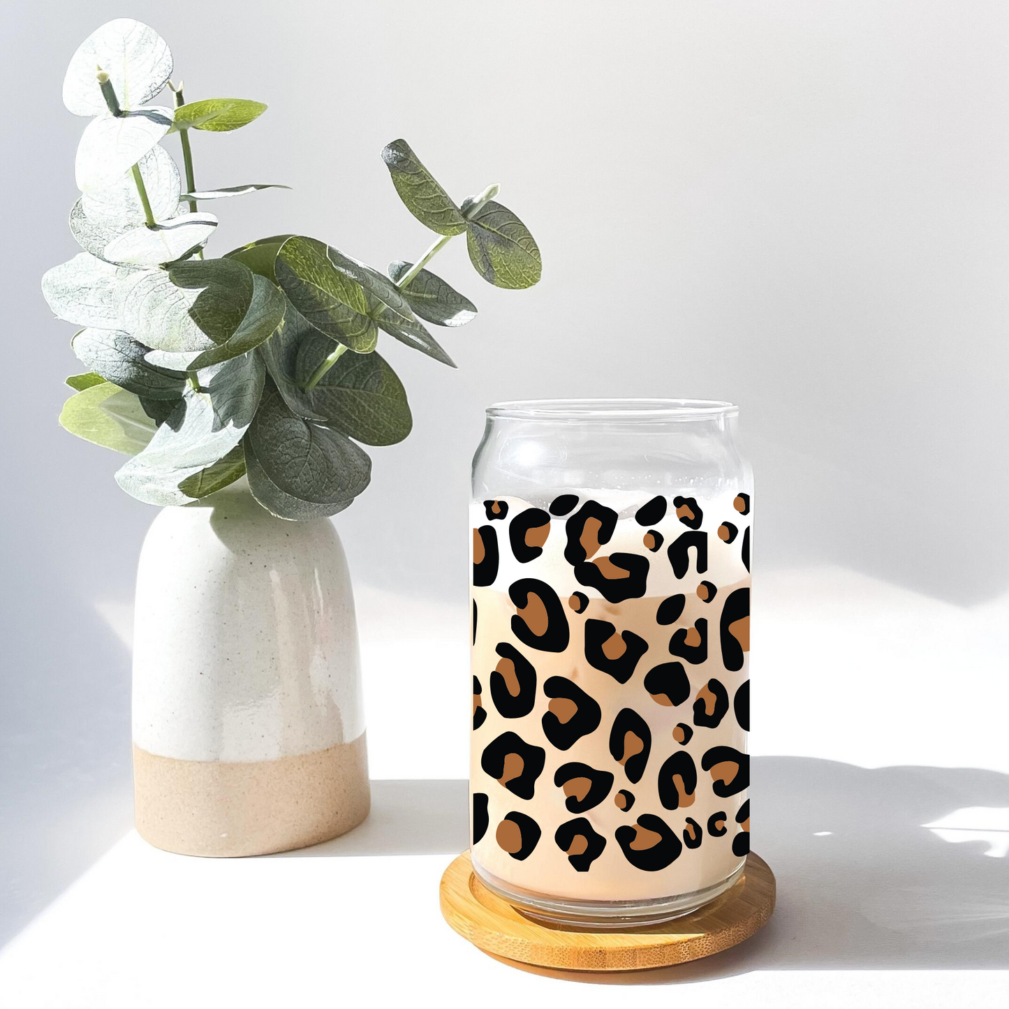 Glass Can (Pattern) with Bamboo Lid & Glass Straw