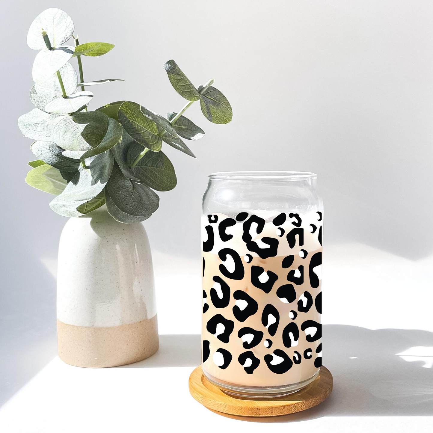 Glass Can (Pattern) with Bamboo Lid & Glass Straw